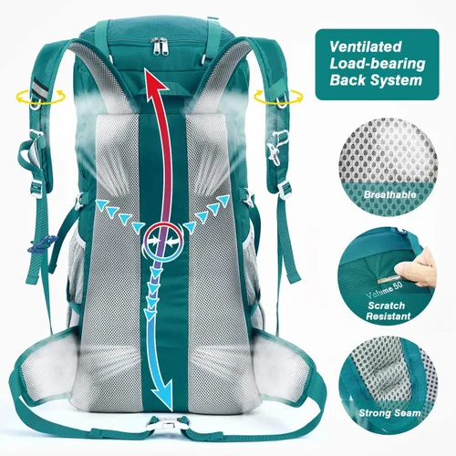Miniatura 8 de HOMIEE 50L Hiking Backpack Travel Bag Waterproof Camping Rucksack with Rain Cover Lightweight Backpacking Backpack Verde militar