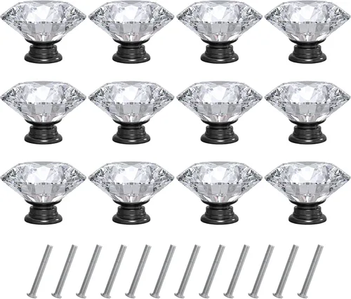 Miniatura 12 de Tomorotec Elegantes tiradores de cristal en forma de diamante para cajones, juego de 12 con base dorada y tornillos, 1.2 pulgadas, ideal