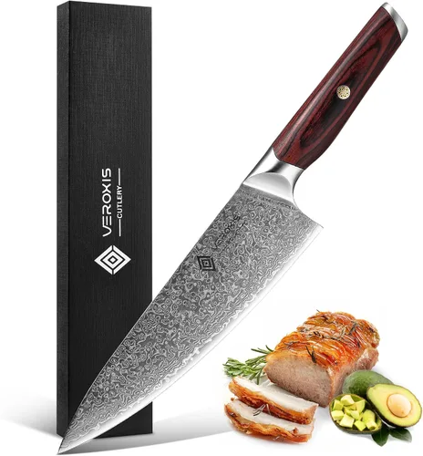 Miniatura 7 de VEROXIS Cuchillo de Chef de Damasco de 8 Pulgadas, Cuchillos de Cocina Japoneses Profesionales Afilados de Acero Super de Alto Carbono con Mangos