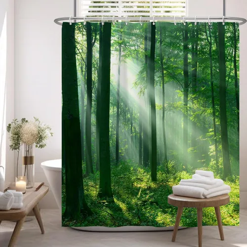Miniatura 18 de Renaiss Cortina de Ducha de Cascada de Bosque de 72x72 Pulgadas Árbol Verde Agua Lago Selva Tropical Bosque Ventana de Madera Blanca Paisaje Natural