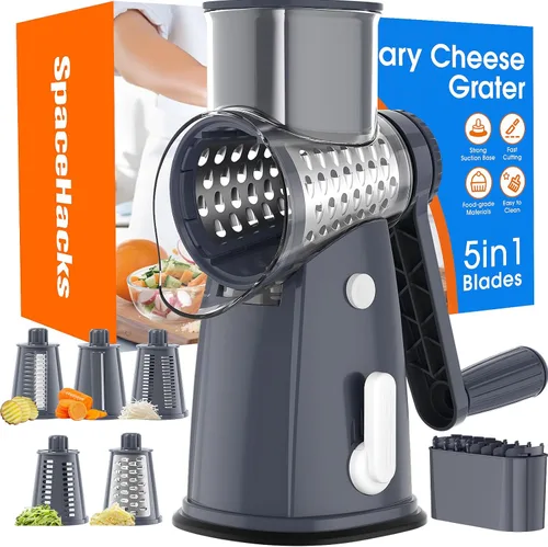 Miniatura 8 de Rallador giratorio de queso con manivela manual con 5 cuchillas intercambiables, picadora de verduras, rebanadora espiralizadora para frutas, Negro