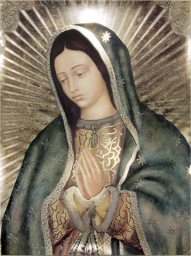Retrato de medio cuerpo de Nuestra Señora grabado (12 x 16 pulgadas), lámina dorada, arte religioso de pared, impresión laminada, sin marco,