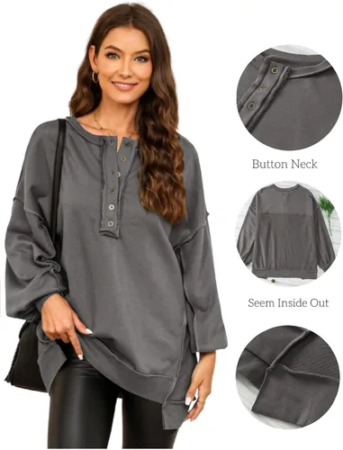 Miniatura 46 de AlvaQ - Sudadera de gran tamaño para mujer, informal, de manga larga, con botones y cuello Henley, tipo túnica