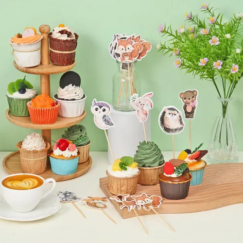 Miniatura 3 de 49 piezas de decoración de cupcakes de bosque neutro de animales del bosque para decoración de baby shower, hojas florales, suministros de fiesta