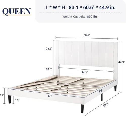 Miniatura 2 de Allewie - Base de cama tamaño Queen con cabecera acolchada tapizada en terciopelo y diseño acanalado vertical; plataforma de cama con resistentes