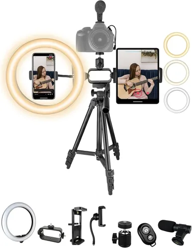 Acuvar Kit de vlogging con trípode de luz de anillo – Kit de creación de contenido para iPhone, Android y tabletas, micrófono, control remoto,