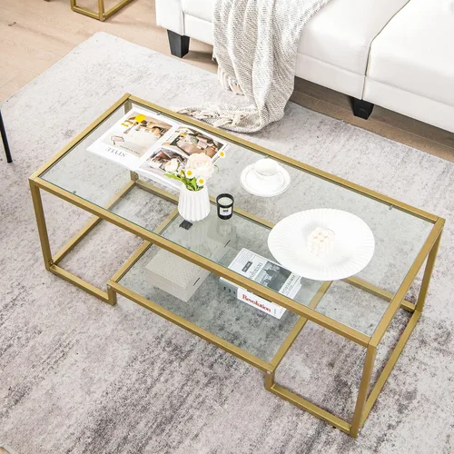 Miniatura 2 de Tangkula Mesa auxiliar rectangular de vidrio, mesa central de vidrio templado moderna de 45 pulgadas de ancho con marco de acero dorado, mesa