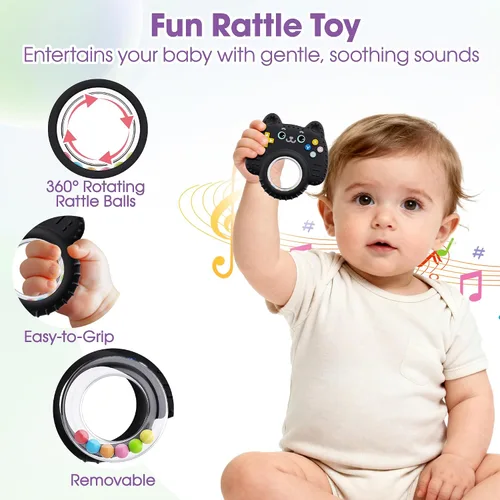 Miniatura 4 de Juguetes de dentición para bebés de 0 a 6 a 12 meses, controlador de juego remoto 3 en 1, juguete sensorial de sonajero para bebés, sin BPA