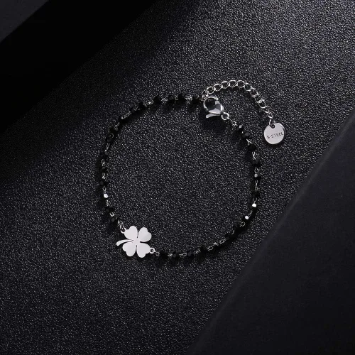 Miniatura 2 de Pulsera de trébol de cuatro hojas con dije de plata 925 con cuentas negras, pulsera ajustable con dije de la suerte simple para mujer