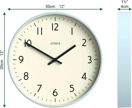 Miniatura 3 de JONES CLOCKS® Reloj de pared de estudio Estilo redondo moderno 12 pulgadas Azul pálido Números fáciles de leer Diseño versátil