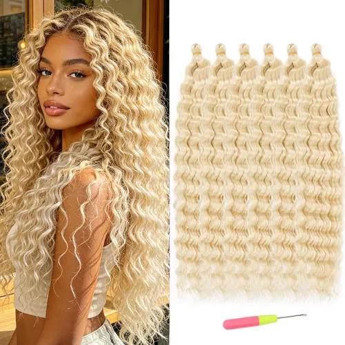Miniatura 24 de Extensiones de cabello ondulado con ganchillo Ocean Wave de 18 pulgadas, 6 paquetes, extensiones de cabello de ganchillo sueltas de onda profunda #1B