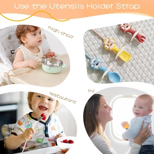 Miniatura 7 de 4PK - Cuchara y tenedor para bebé con correas de soporte para niños mayores de 6 meses, correa esencial de viaje para silla alta, babero o muñeca