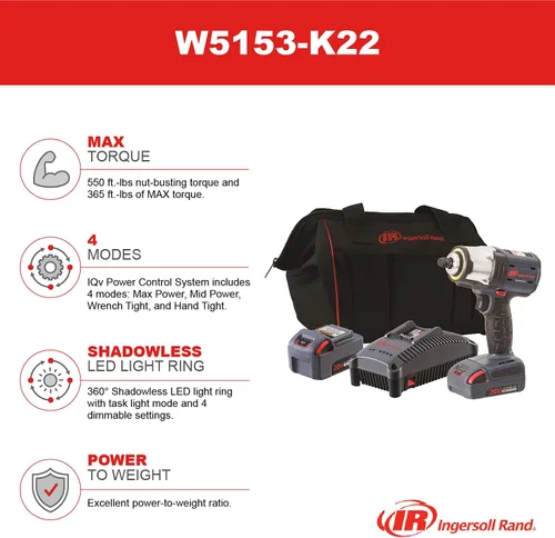 Miniatura 2 de Ingersoll Rand Modelo W5153-K22 Llave de impacto IQV20 de 1/2 pulgada