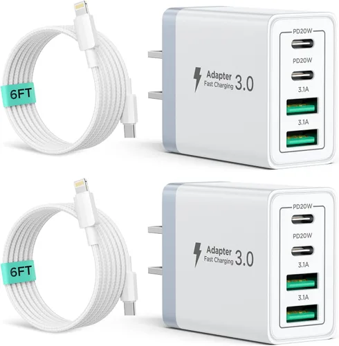 Paquete de 2 Cargadores de Pared USB C, Bloque Cargador Rápido USB C de 40W y 4 Puertos con Puerto Dual QC+PD 3.0 Adaptador de Energía, Cargador de