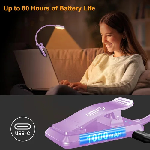 Miniatura 6 de Gritin Luz de libro recargable de 16 LED para leer en la cama, cuidado de los ojos, 3 temperaturas de color, brillo de atenuación continua, 80 horas