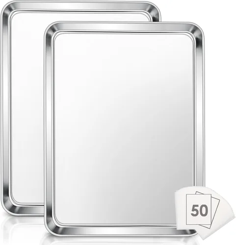 Miniatura 11 de E-far - Juego de 2 bandejas pequeñas para hornear, horno tostador de acero inoxidable de 9.4 x 7.3 pulgadas con 50 papeles pergaminos, mini bandeja