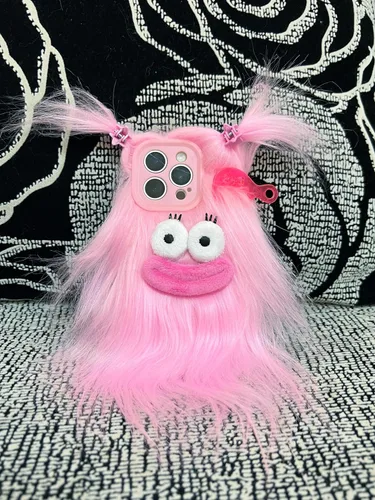 Miniatura 8 de Funda de teléfono de felpa negra para iPhone 11, linda funda DIY de pelo largo con cara divertida y abrigada, funda protectora de invierno