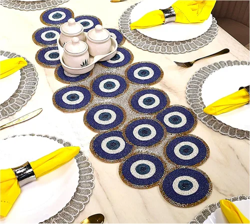 Camino de mesa con cuentas de 13 x 36 pulgadas, color azul dorado, multimal de ojo, hecho a mano, decorativo para mesa de comedor, decoración del