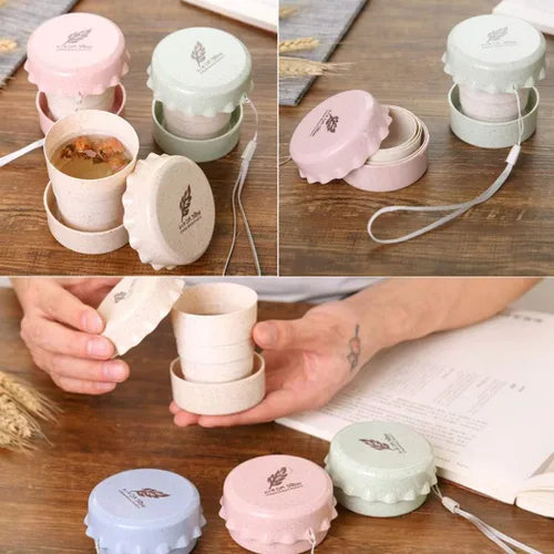 Miniatura 6 de Taza de camping plegable con tapa, plegable telescópica de trigo con paja, taza de agua plegable sin BPA para viajes al aire libre, color beige