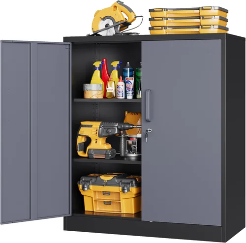 Miniatura 22 de Armario de almacenamiento de metal, archivador alto con 2 estantes ajustables y cajón, gabinete de herramientas de acero con cerradura para oficina