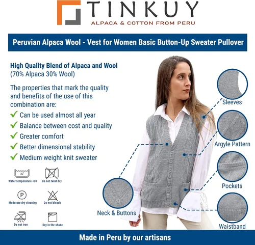 Miniatura 5 de TINKUY Chaleco peruano de lana de alpaca con cuello en V y rombos para mujer, S-4XL