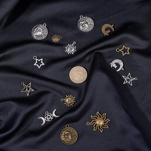 Miniatura 3 de SUNNYCLUE 64 dijes estilo tarot, sol, luna, estrella, aleación a granel, media luna tibetana, triple luna, diosa para hacer joyas, accesorios mixtos