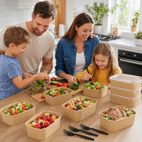 Miniatura 9 de Paquete de 50 cuencos desechables de papel kraft de 19 onzas con tapas y tenedores, recipientes desechables para preparación de comidas, cuencos