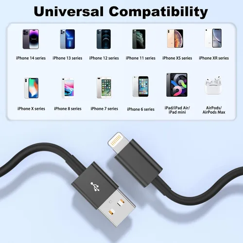 Miniatura 6 de Lieyichan Cable Carplay para automóvil, cable USB A a Lightning de 3 pies, cable de carga para iPhone compatible con iPhone 14pro Negro