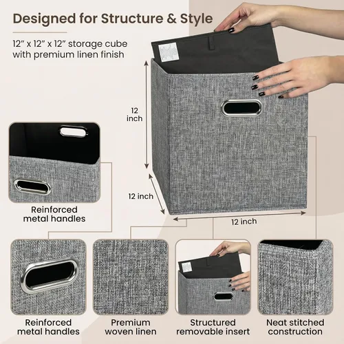 Miniatura 3 de Cubos de almacenamiento de tela gris de 12 x 12 pulgadas, paquete de 4 cubos organizadores plegables con aspecto de lino con asas, cestas plegables