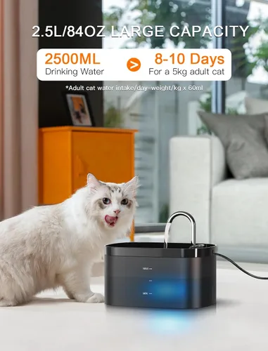 Miniatura 2 de Fuente de agua para gatos, fuente para gatos de 84 onzas/2.5 L, fuente de agua súper silenciosa para mascotas, filtro de carbón activado