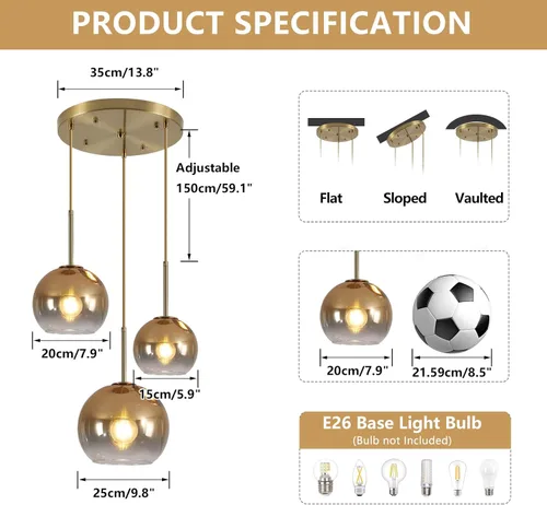 Miniatura 2 de KCO Iluminación colgante de racimo dorado de 3 luces grandes de cristal colgante luces isla de cocina lámpara globo araña mediados de siglo moderna