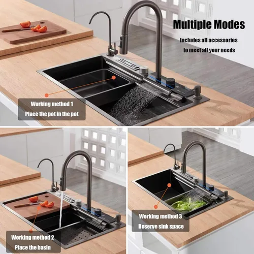 Miniatura 6 de BEITH Fregadero de cocina moderno, fregadero multifunción de 29 x 17 pulgadas, pantalla digital inteligente, cascada de ángulo ajustable con 3 modos