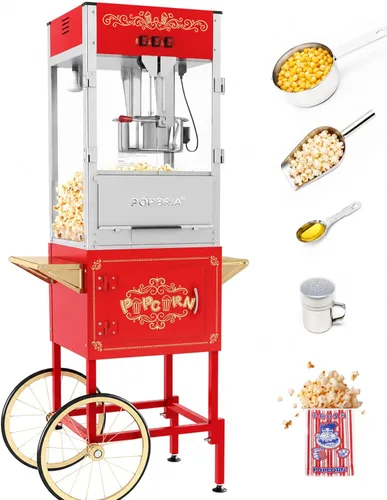 Máquina comercial de palomitas de maíz con carrito, auténtica máquina de palomitas de maíz de 16 onzas con cubierta de vibración, máquina de Rojo