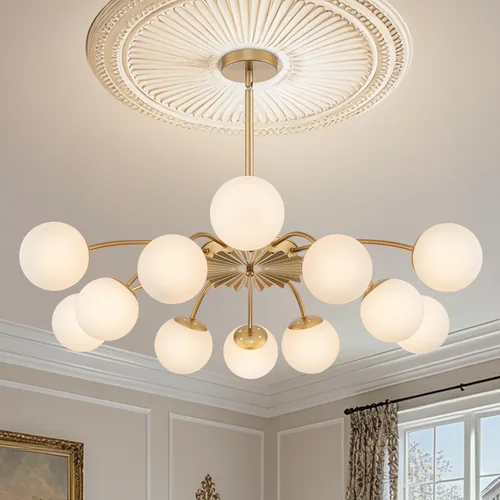 Miniatura 10 de Lámpara de araña Sputnik de 12 luces, color negro con burbujas de vidrio de leche Luces de techo semi empotradas, acento de flor, Art Deco