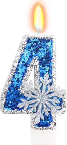 Miniatura 32 de Velas temáticas de cumpleaños de nieve congelada, vela de cumpleaños número 4 para suministros de fiesta, decoración de fiesta de cumpleaños Azul