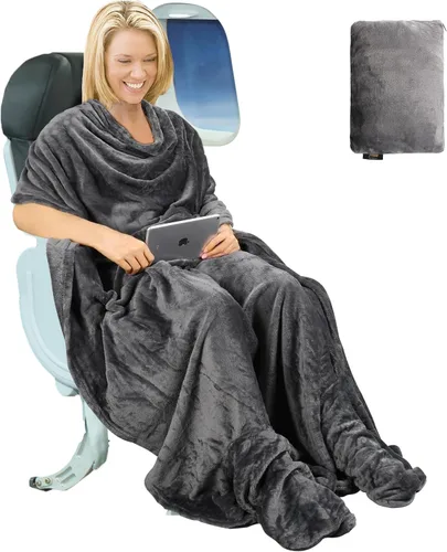 Miniatura 12 de Tirrinia Manta de viaje para avión, oficina, Poncho 4 en 1, manta portátil de forro polar acogedora de primera calidad con bolsa incorporada