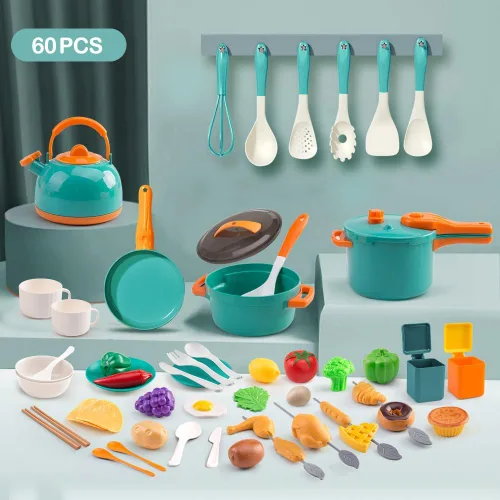Miniatura 3 de 60 piezas de accesorios de cocina de juego para niños, juego de cocina simulada con ollas y sartenes, vajilla y conjuntos de frutas y barbacoa, Verde