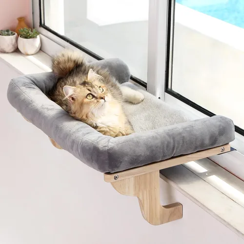 Miniatura 12 de Zakkart Percha para gato para alféizar de ventana con refuerzo, diseño ortopédico de hamaca con madera dura de primera calidad y marco de metal
