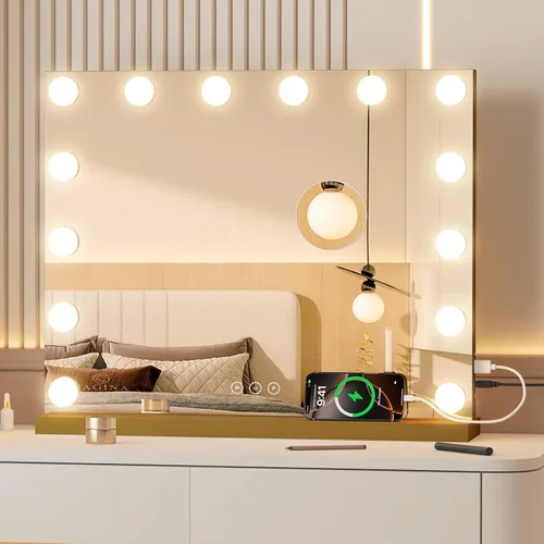 Miniatura 11 de Espejo de tocador con luces, espejo de maquillaje iluminado con bombillas LED regulables, 3 modos de iluminación de color, puerto de carga USB, Negro