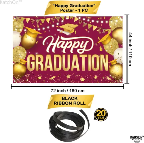 Miniatura 2 de KatchOn, Cartel de feliz graduación granate y dorado XL, 72 x 44 pulgadas Fondo de graduación 2025, decoraciones de graduación clase de 2025