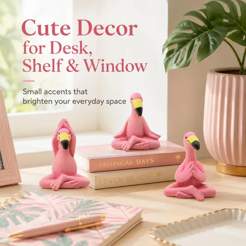 Miniatura 5 de Goodeco Mini figuras de flamenco de yoga de 2.4 pulgadas, pequeños regalos caprichosos Kawaii Pink Flamingo Decoración de escritorio, juego de 3