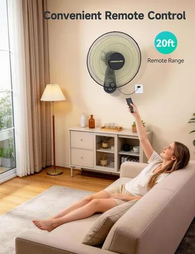 Miniatura 6 de VAGKRI Ventilador de montaje en pared de 16 pulgadas, ventilador oscilante silencioso con control remoto, 5 velocidades, temporizador de 8 horas