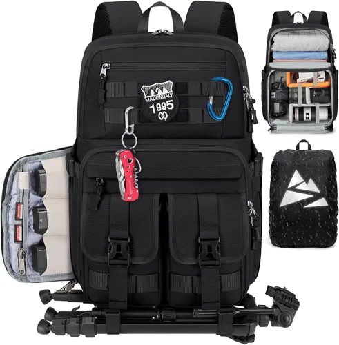 RAINSMORE Mochila para cámara DSLR/SLR/SLR/sin espejo, para fotógrafos, 15.6 pulgadas, impermeable, funda táctica para fotografía con cubierta de
