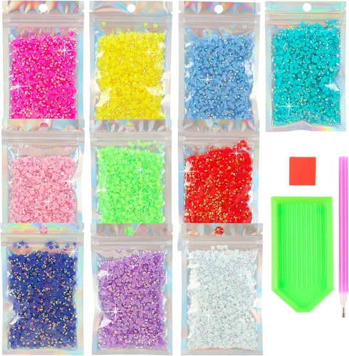 Kit de diamantes de imitación de resina de 10 colores de 0.157 pulgadas, colores mixtos SS16 con parte trasera plana con lápiz recogedor y bandeja