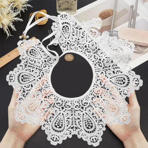 Miniatura 3 de GORGECRAFT Collar de encaje blanco para Halloween, cuello falso de encaje, para mujer, ahuecado, desmontable, tela de flores falsas, cuello