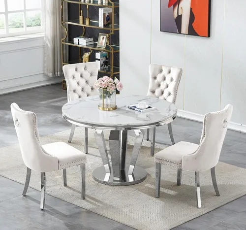 Miniatura 11 de Henf Juego de mesa de comedor redonda de mármol para 6, moderna mesa de comedor de 45 pulgadas con base de acero inoxidable con diseño de diamante