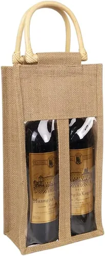Vpang Bolsa ecológica para botella de vino de arpillera, bolsa de yute con asa de caña para embalaje de regalo, dulces, decoraciones navideñas