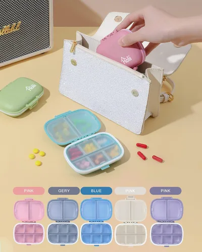 Miniatura 10 de Holii Pastillero de viaje, 8 compartimentos, pastillero portátil, pastillero diario para guardar vitaminas, pequeño contenedor de píldoras para Azul