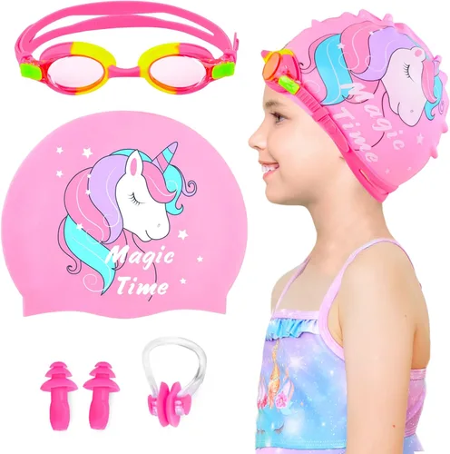 Gorros de natación para niñas (de 2 a 6 años), gorro de natación de silicona impermeable duradero para cabello corto con gafas de natación, tapón