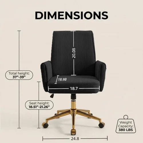 Miniatura 3 de Silla de escritorio de terciopelo con rayas para oficina en casa, silla tapizada moderna con altura ajustable y giro de 360°, con ruedas, silla